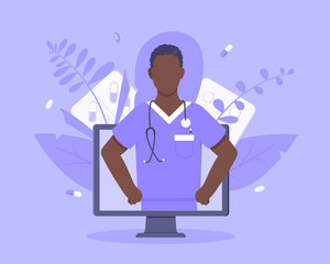 Online doctor medical service concept with doctor in the monitor screen vector illustration. Telemedicine web consultation for patients health care check ups and taking medicine prescription pills.