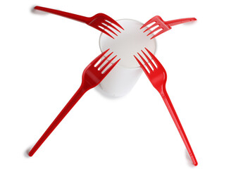 Disposable plastic forks and glass. Isolated object on white background