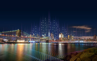 Smart City with particle glowing light connection design, Big data connection technology concept.