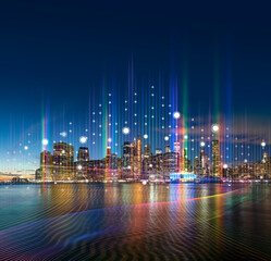Smart City with particle glowing light connection design, Big data connection technology concept.