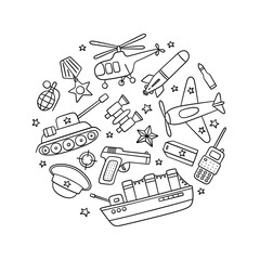 Objects for Defender of the Fatherland Day 23 february and Victory day 9 may. Hand drawn vector illustration on white background