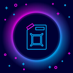 Glowing neon line Canister for gasoline icon isolated on black background. Diesel gas icon. Colorful outline concept. Vector.