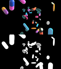 3D illustration of medicine pills flow with alpha layer