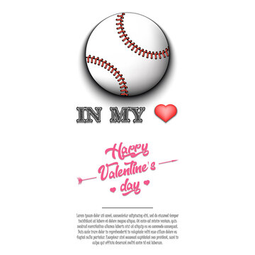 Baseball in my heart. Happy Valentines Day. Design pattern on the baseball theme for greeting card, logo, emblem, banner, poster, flyer, badges, t-shirt. Vector illustration