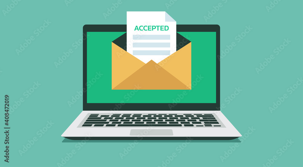 Poster laptop computer with envelope and paper document on screen, vector flat illustration