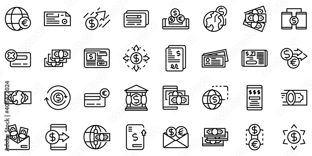 Poster transfer money icons set. outline set of transfer money vector icons for web design isolated on whit