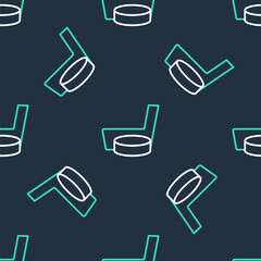 Line Ice hockey stick and puck icon isolated seamless pattern on black background. Vector.