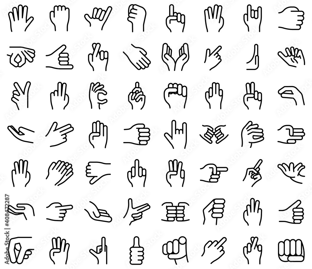Poster hand gestures icons set. outline set of hand gestures vector icons for web design isolated on white 