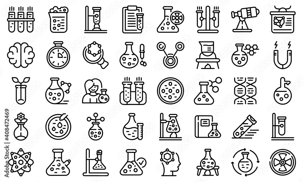 Poster research scientist icons set. outline set of research scientist vector icons for web design isolated