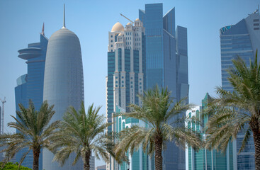Qatar capital city Doha skyline with high rise buildings.
