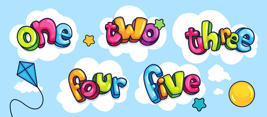 Set of colored words of numbers from one to five. Vector cartoon illustration for kids design