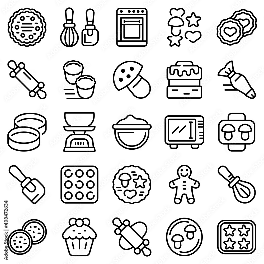 Poster cookie molds icons set. outline set of cookie molds vector icons for web design isolated on white ba