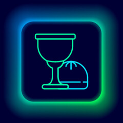 Glowing neon line Holy grail or chalice icon isolated on black background. Christian chalice. Christianity icon. Colorful outline concept. Vector.