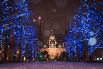 Former Hokkaido Government office illumination light up with snow in winter night at Sapporo, Hokkaido, Japan.