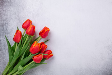 Beautiful red tulips on a light stone table. Spring background. Top view. Copy space - Image