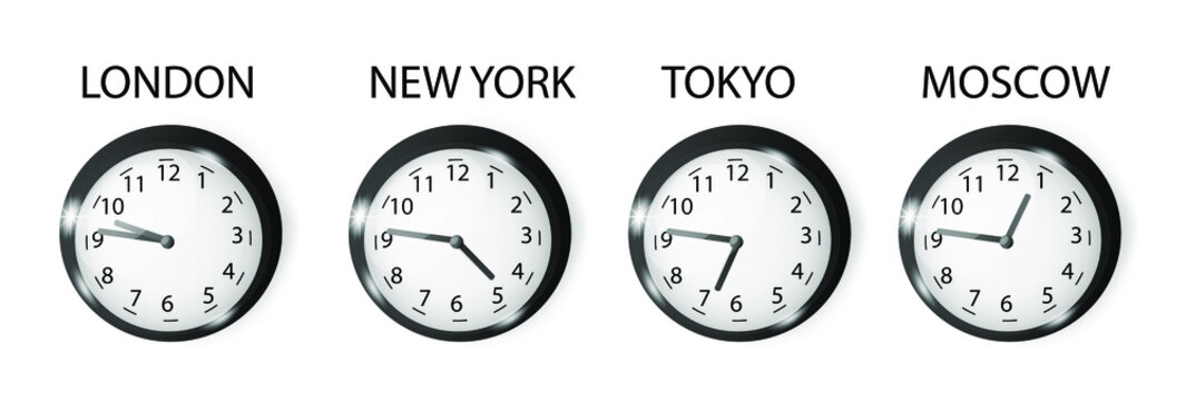 Time in different cities of the world. Time zones. Realistic black wall clock isolated on background. 3d vector illustration