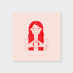 Love card print with girl and hand heart shape