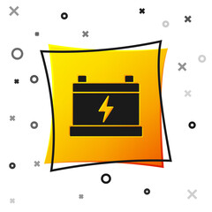 Black Car battery icon isolated on white background. Accumulator battery energy power and electricity accumulator battery. Yellow square button. Vector.