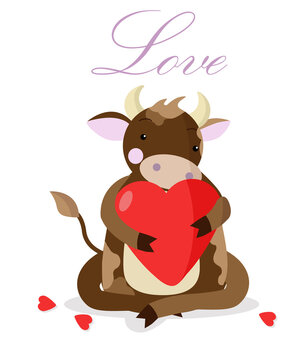 A bull in love with a big red heart and thrown paper hearts. Vector illustration on white background with cute character for Valentine's Day greeting card