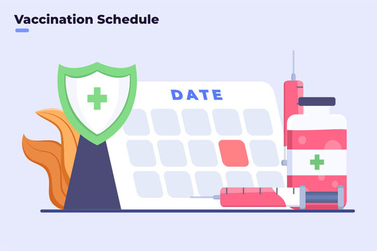 Flat illustration Covid-19 Coronavirus Vaccination Schedule Date, Time to vaccinate, Immunization schedule,  Disease prevention, Vaccination program plan, Syringe, Injection.
