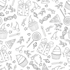 Seamless coloring pages for birthday gift wrapping! Gift, sweets, sweets, flags, cupcake, cupcake, cap, candle. Doodle drawings about the holiday on a white background
