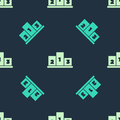 Green and beige Award over sports winner podium icon isolated seamless pattern on blue background. Vector.