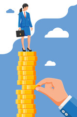 Hand tries to pull coin out of coin stack with businesswoman. Concept of economy problem or financial crisis, recession, inflation, bankruptcy, income lost, loss of capital. Flat vector illustration