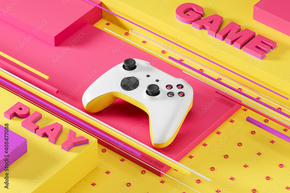 Poster white standard video game controller on an abstract yellow and pink background. game play. 3d render