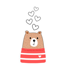 Cute bear cartoon with hearts icon on white background vector illustration.