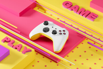 White standard video game controller on an abstract yellow and pink background. Game Play. 3d rendering © katestudio