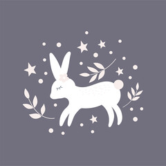 Cute bunny vector illustration. Nursery design for apparel, cards, prints. Cute cartoon animal