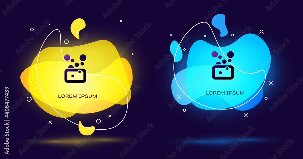 Poster Black Bar of soap icon isolated on black background. Soap bar with bubbles. Abstract banner with liquid shapes. Vector.