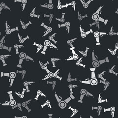 Grey Hair dryer icon isolated seamless pattern on black background. Hairdryer sign. Hair drying symbol. Blowing hot air. Vector.