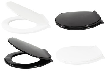 Set of photos of toilet seat in black and white color isolated on a white background