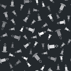 Grey Burning candle icon isolated seamless pattern on black background. Cylindrical candle stick with burning flame. Vector.
