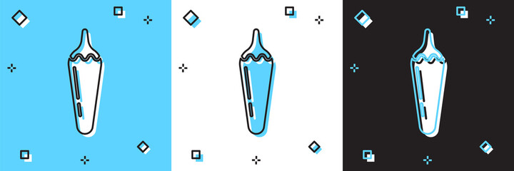 Set Hot chili pepper pod icon isolated on blue and white, black background. Design for grocery, culinary products, seasoning and spice package, cooking book. Vector.