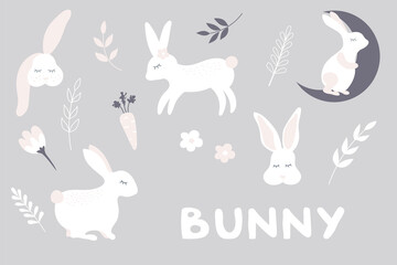 Cute Bunny Vector Illustrations Set. Easter Bunny Rabbit, cute kids illustration, nursery art