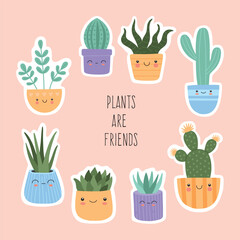Stickers set of cute succulents cactus with smiling face, Mexican tropical home plants big collection. Hand drawn vector illustrations in modern trendy flat cartoon style, isolated on pink background