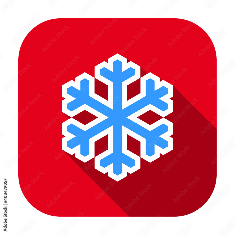 Poster red flat rounded square snowflake icon, button with long shadow isolated on a white background. vect