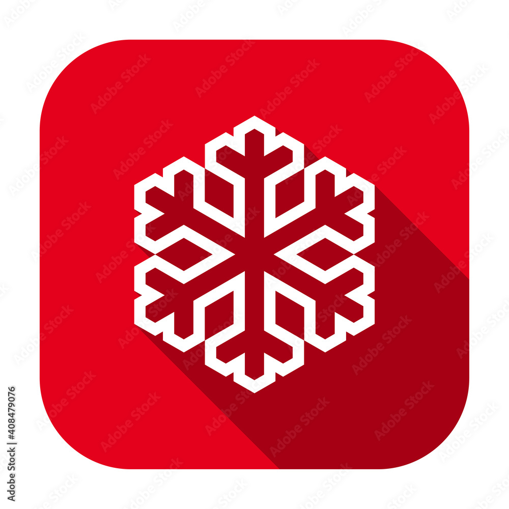 Poster Red flat rounded square snowflake outline icon, button with long shadow isolated on a white background. Vector illustration.