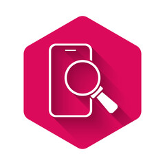 White Phone repair service icon isolated with long shadow background. Adjusting, service, setting, maintenance, repair, fixing. Pink hexagon button. Vector.