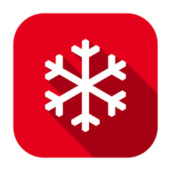 Red flat rounded square snowflake icon, button with long shadow isolated on a white background. Vector illustration.