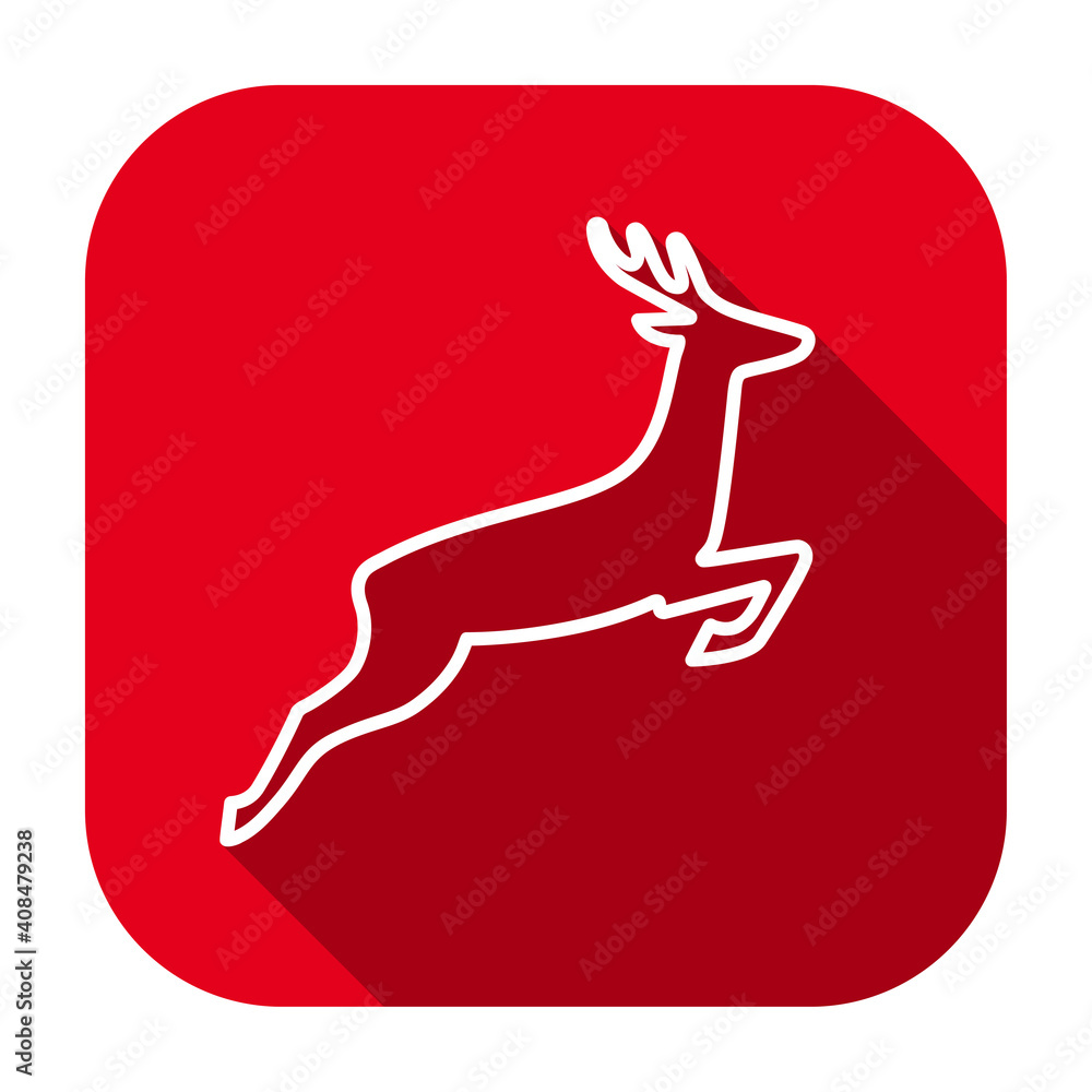 Poster red flat rounded square deer outline icon, button with long shadow isolated on a white background. v