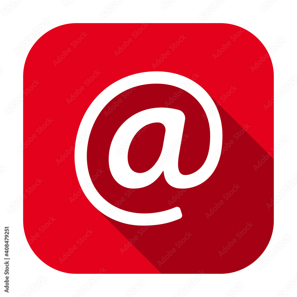 Poster red flat rounded square email icon, button with long shadow isolated on a white background. vector i