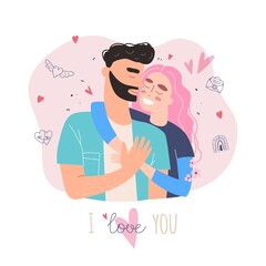 Cute couple in love clipart. Happy family concept. Lovers man and woman in a relationship in love. Vector Valentine card