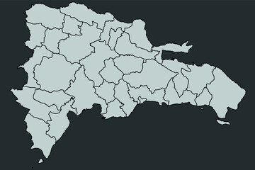 Contour vector map of Dominican Republic with the designation of the administrative borders of the regions on a dark background.