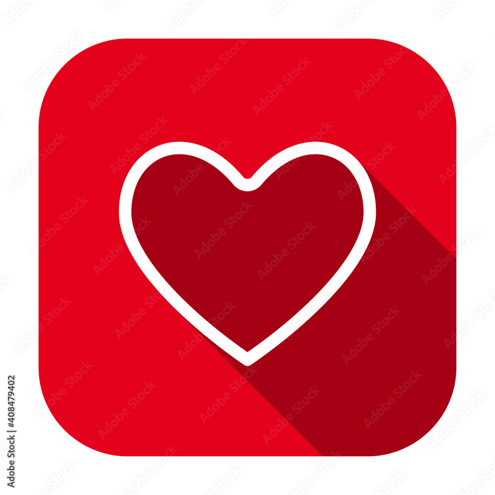 Poster Red flat rounded square heart outline icon, button with long shadow isolated on a white background. Vector illustration.