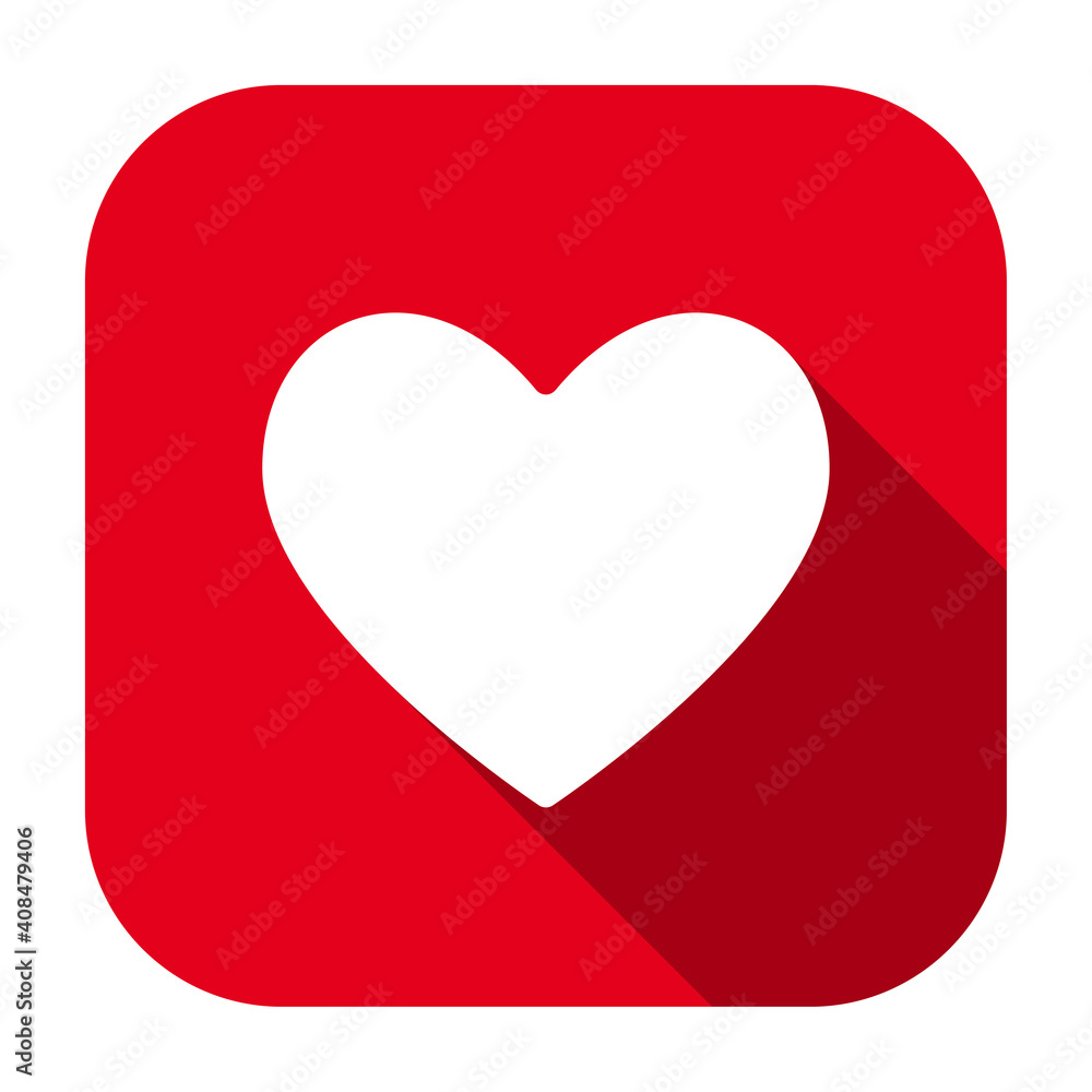 Poster Red flat rounded square heart icon, button with long shadow isolated on a white background. Vector illustration.