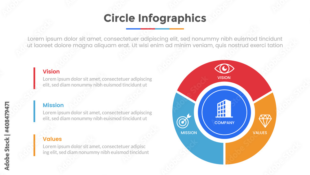Poster circle infographic with 3 list point and modern flat style template slide for presentation