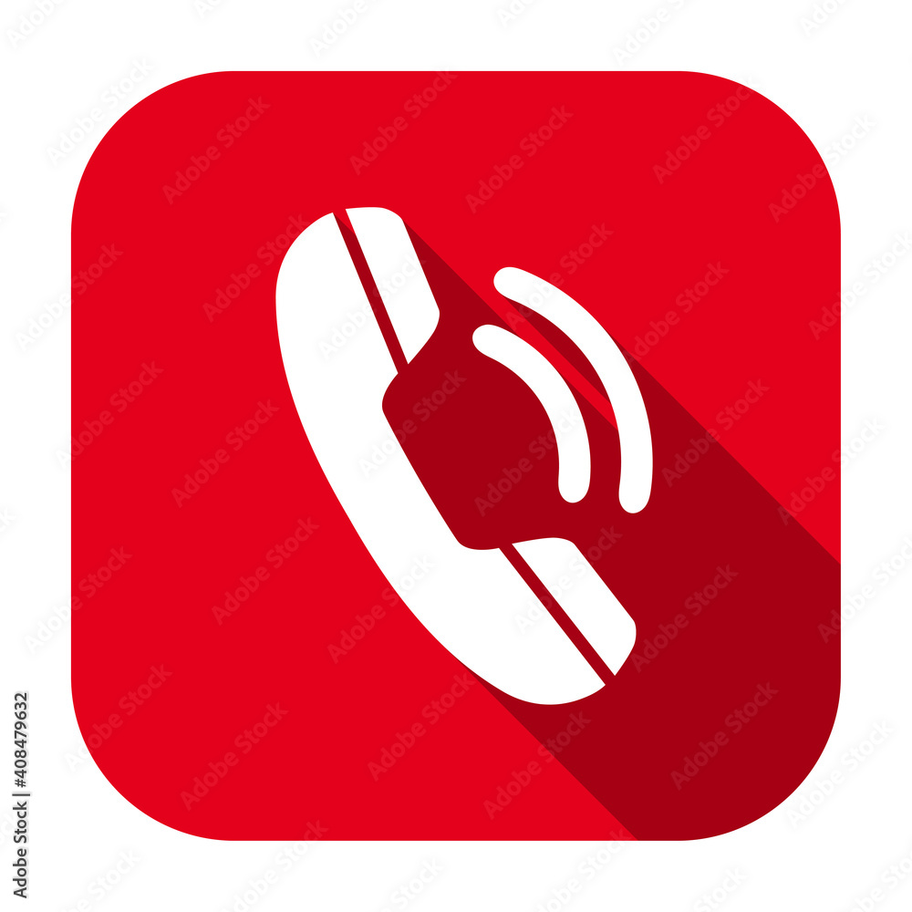 Poster red flat rounded square conference phone icon, button with long shadow isolated on a white backgroun